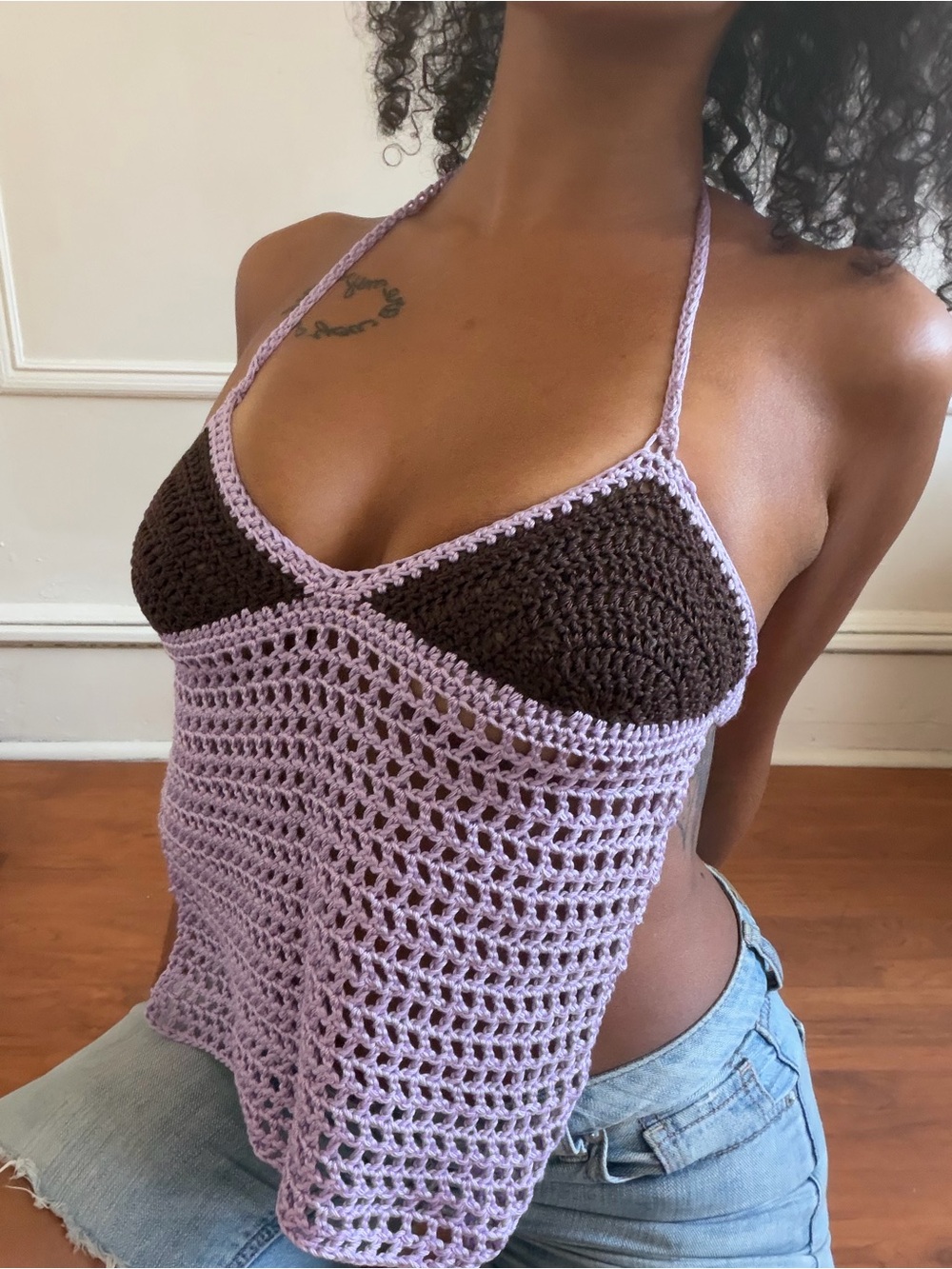 Lavender Crochet Halter Tank Top with Chocolate Cups
